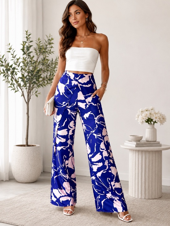 Adriana Degreas Pants - 100% Silk Floral Wide Leg Wrap Pants Blue Pink L NWT Resort